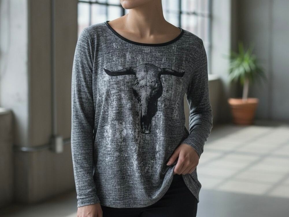 Rock & Republic Longhorn Bull Skull Print Top Long Sleeve Y2K Western Large